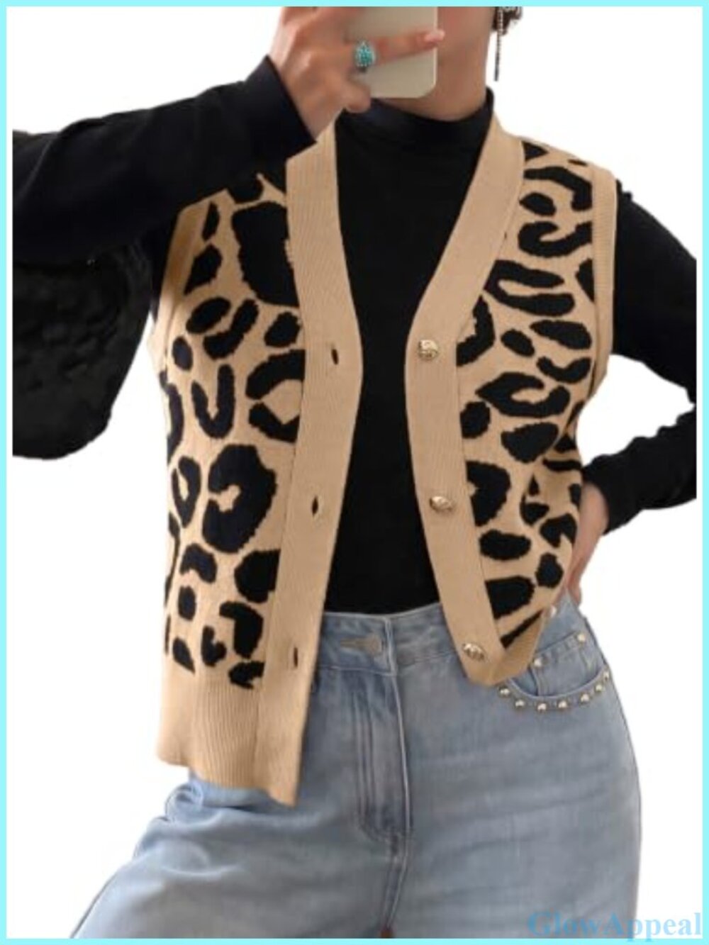 Leopard Print V Neck Button Up Sweater Vest Sleeveless Knit Cardigan